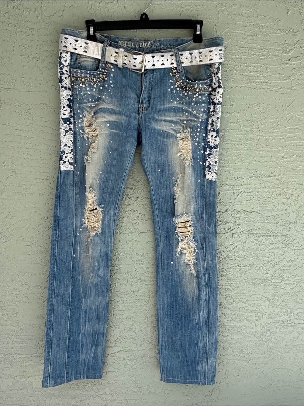 Machine Jeans Embellished Distressed Straight Leg Jeans with White Lace Trim